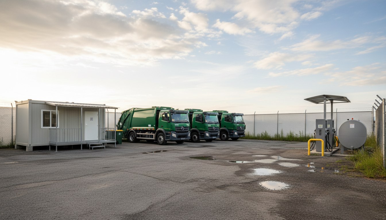 Small fleet yard with four collection trucks, portable office, and a fuel pump in afternoon light